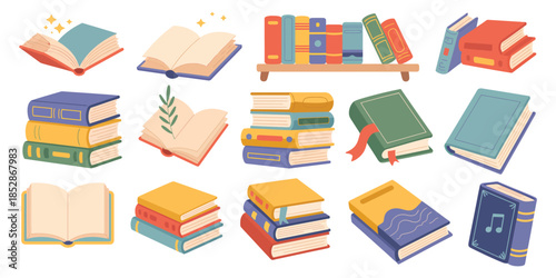 Cartoon Books and School Textbooks Set: Reading Literature Concept with Bookmarks. Stacked and Open Books, Library Elements, and Bookshelf Graphics for Study and Education Design.