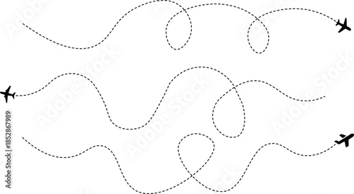 Airplane route with dotted flight path. Airplane with curved dotted flight route. flight path with dotted line, aviation concept, travel background. Airplane line path icon of airplane flight route