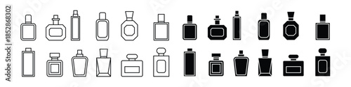 Perfume bottle icon set. cosmetic container icon. Fragrance packaging, beauty products, cologne bottles symbol. vector illustration