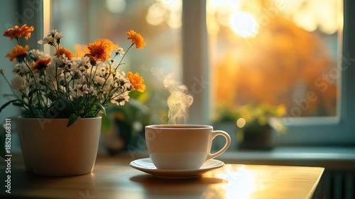 Wallpaper Mural Cozy morning with steaming coffee cup and flower arrangement by the window Torontodigital.ca