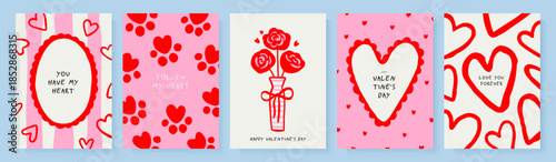 Set of romantic greeting card designs in hand sketch style with hearts, paws and flowers in vase for Valentine's Day celebration, vector illustration