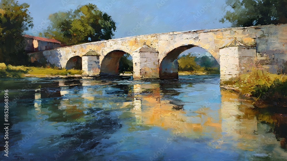 Fototapeta premium Picturesque Stone Bridge Spanning a Tranquil River with Reflections and Lush Greenery.