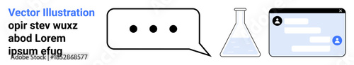 Science communication, research, digital media, technology, user interfaces, education. Speech bubble, laboratory flask and user chat interface. Science communication and research
