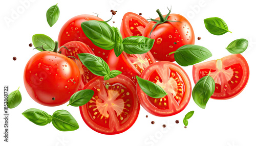 Shiny red tomatoes and fresh basil leaves, halved and whole, float on black