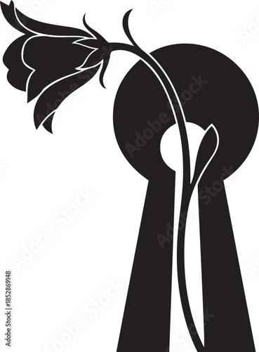 Black silhouette of a bellflower emerging from a keyhole shape on a white background
