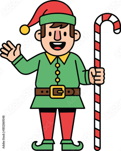 A cheerful cartoon Christmas elf in a green tunic and red hat waving and holding a large candy cane.
