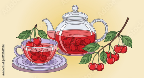 Charming illustration of a glass teapot and teacup filled with rich cherry infused herbal beverage