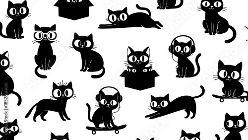 Seamless pattern featuring quirky black cat silhouettes engaged in various playful and trendy activities
