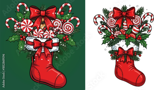 Festive Christmas stocking overflowing with candy canes holly berries and holiday treats vector illustration