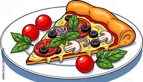 Delicious slice of vegetarian pizza with fresh basil tomatoes olives and mushrooms served on a plate