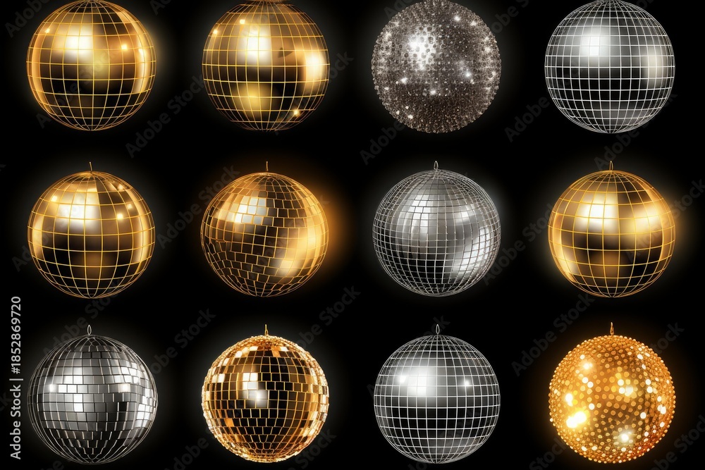 Fototapeta premium Set of realistic golden and silver disco balls reflecting light on black background