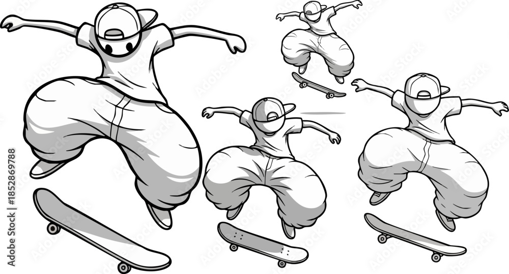 Fototapeta premium Dynamic illustration set capturing exaggerated street skateboarder performing various aerial tricks in monochrome style