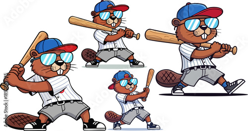 Fun cartoon baseball beaver mascot set ready to hit a home run with a bat