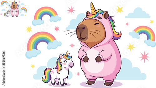 Adorable capybara wearing a unicorn costume stands happily beside a small unicorn drawing