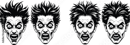 Intense screaming face illustration set with wild hair, horror expression artwork, aggressive emotional character design, detailed vector drawing for graphic projects
