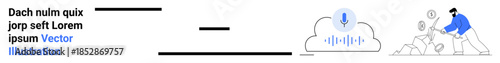 Cloud technology, voice recognition, teamwork collaboration, data processing, remote assistance, workflow automation. Cloud with soundwave icon, team analyzing data. Cloud computing and voice