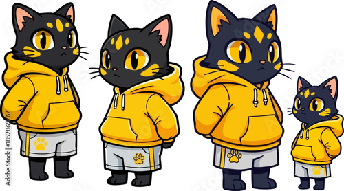 Collection of four distinct black cat characters wearing matching yellow hoodies and athletic shorts