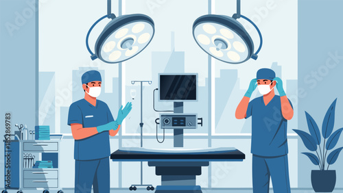 Healthcare professionals preparing for a crucial medical surgery procedure in a modern operating room environment with advanced equipment
