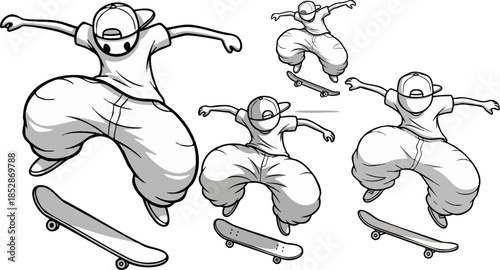Dynamic illustration set capturing exaggerated street skateboarder performing various aerial tricks in monochrome style