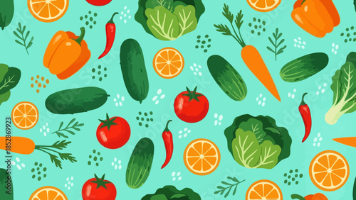 Bright seamless pattern featuring fresh healthy vegetables and sliced citrus fruits on turquoise background