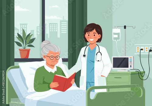 Caring female doctor provides compassionate support to an elderly patient recovering in a modern hospital room illustration
