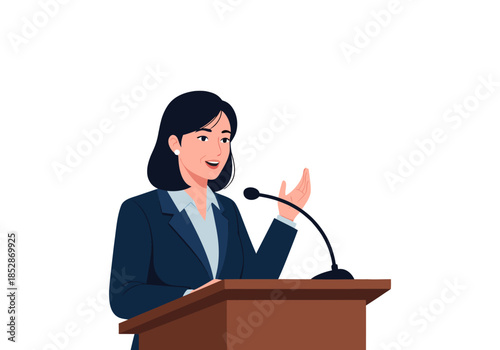 Confident female speaker in a business suit presenting at a podium with microphone, embodying public speaking and leadership concept for corporate events