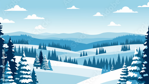 Picturesque winter landscape illustration with serene snow-covered forests and distant blue mountains, a tranquil cold season vista