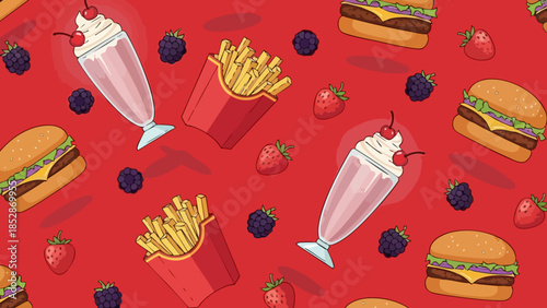 Vibrant seamless pattern featuring delicious hand drawn hamburgers french fries and milkshakes on red