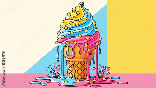 Delicious melting soft serve ice cream cone decorated with festive yellow sprinkles against a bright background