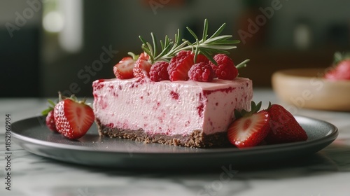 Delicious Raspberry and Strawberry Cheesecake with Rosemary Garnishing Delight