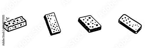 Cleaning Sponges In Hand Drawn Style Set. Household Cleaning, Kitchen Scrubbing, Dishwashing Tools Doodle Sketch Collection. Isolated Vector Illustration