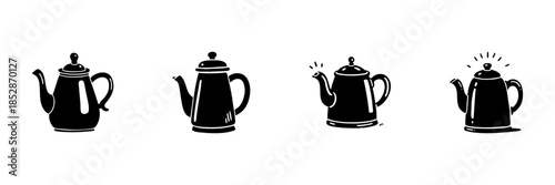 Vintage Teapot Collection In Hand Drawn Style Set. Classic Kitchenware, Tea Brewing, Beverage Preparation Doodle Sketch Collection. Retro Home Decor. Isolated Vector Illustration