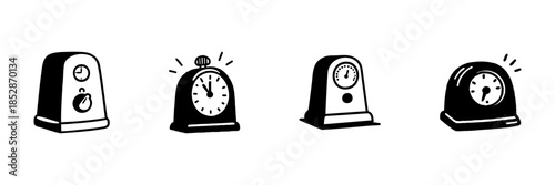 Vintage Kitchen Timer Icons In Hand Drawn Style Set. Time Management, Cooking Precision, Culinary Timing Doodle Sketch Collection. Retro Kitchen Tools. Isolated Vector Illustration