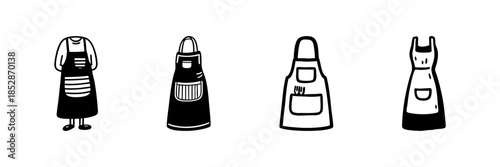 Apron Designs In Hand Drawn Style Set. Culinary Apparel, Kitchen Wear, Chef Uniform Doodle Sketch Collection. Cooking And Baking Essentials. Isolated Vector Illustration
