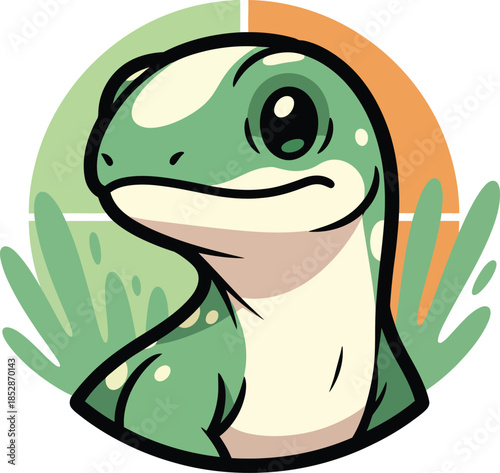 A cute green cartoon lizard character with big eyes and a friendly gentle smile.