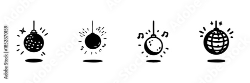 Disco Ball Icons In Hand Drawn Style Set. Party Atmosphere, Music, Dance Celebration Doodle Sketch Collection. Festive Event Symbols. Isolated Vector Illustration