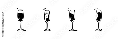 Champagne Flutes In Hand Drawn Style Set. Celebration, Festivity, Toasting Doodle Sketch Collection. Party And Event Symbol. Isolated Vector Illustration