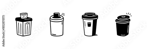 Trash Bin Icons In Hand Drawn Style Set. Waste Management, Recycling, Environmental Awareness Doodle Sketch Collection. Eco-Friendly Practices. Isolated Vector Illustration