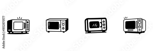 Microwave Oven Icons In Hand Drawn Style Set. Kitchen Appliance, Cooking Convenience, Food Heating Doodle Sketch Collection. Home Electronics Illustration. Isolated Vector Illustration