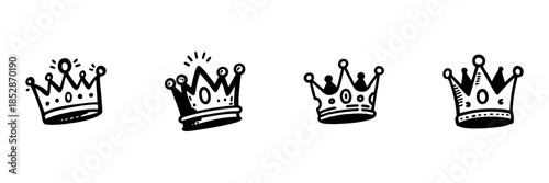 Crowns In Hand Drawn Style Set. Royalty, Leadership, Authority Symbol Doodle Sketch Collection. Decorative Elements For Design. Isolated Vector Illustration