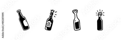 Beverage Bottles In Hand Drawn Style Set. Alcoholic Drinks, Celebration, Party Doodle Sketch Collection. Beer, Wine, Soda Illustrations. Isolated Vector Illustration