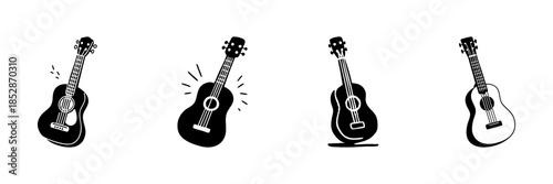 Acoustic Guitar Icons In Hand Drawn Style Set. Musical Instrument, Melody, And Sound Vibration Doodle Sketch Collection. Artistic Expression. Isolated Vector Illustration