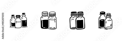 Glass Bottles With Liquid In Hand Drawn Style Set. Apothecary, Chemistry, Essential Oils Doodle Sketch Collection. Vintage Medicine Containers. Isolated Vector Illustration