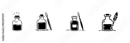 Ink Bottles And Quills In Hand Drawn Style Set. Traditional Writing Tools, Calligraphy, Artistic Expression Doodle Sketch Collection. Vintage Stationery Elements. Isolated Vector Illustration