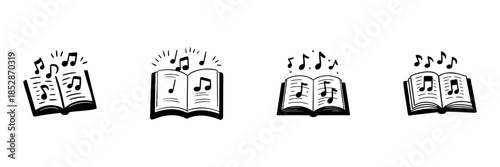 Open Book With Musical Notes In Hand Drawn Style Set. Music Education, Songwriting, Creative Composition Doodle Sketch Collection. Artistic Expression. Isolated Vector Illustration