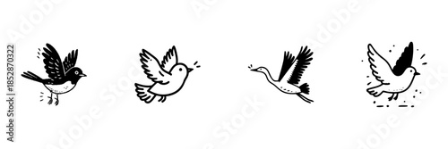 Flying Birds In Hand Drawn Style Set. Avian Freedom, Nature, Wildlife Doodle Sketch Collection. Ornithology And Birdwatching. Isolated Vector Illustration