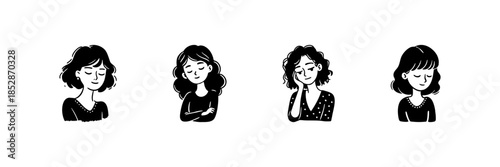 Four Female Characters In Hand Drawn Style Set. Expressive Emotions, Calm And Thoughtful Doodle Sketch Collection. Emotional Expression And Mood Illustration. Isolated Vector Illustration
