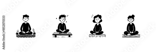 Meditation And Relaxation Poses In Hand Drawn Style Set. Mindfulness, Stress Relief, And Inner Peace Doodle Sketch Collection. Yoga And Wellness Practice. Isolated Vector Illustration