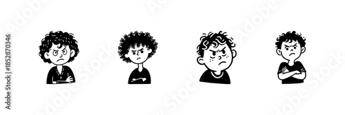 Four Angry Children Characters In Hand Drawn Style Set. Expressions Of Frustration And Discontent Doodle Sketch Collection. Emotional Reactions And Mood Illustration. Isolated Vector Illustration