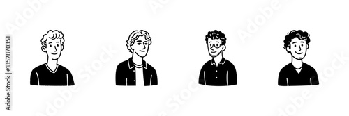 Four Male Character Portraits In Hand Drawn Style Set. Diverse Hairstyles And Fashion Doodle Sketch Collection. Casual And Trendy Appearance. Isolated Vector Illustration